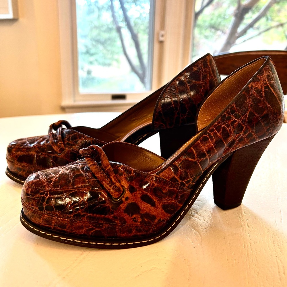 Anthropologie Brown Croc-Embossed Heels